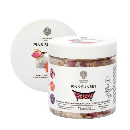 Микс для ванной Epsom "Pink Sunset" с цветками лаванды и чайной розы, 480 г (в банке)