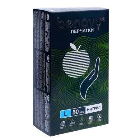 Перчатки Benovy нитрил, неопудренные, нестерильные, зеленый L (50 пар)