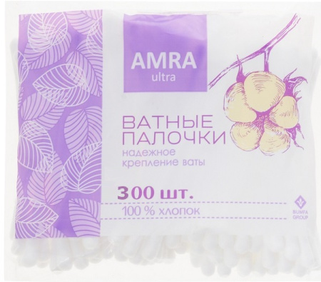 Ватные палочки в пакете Amra Ultra, 300 шт