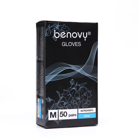 Перчатки нитровиниловые Benovy Nitrovinyl гладкие, голубые, S (50 пар)