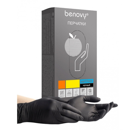 Перчатки нитриловые Benovy Nitrile Chlorinated черные, S (100 пар)