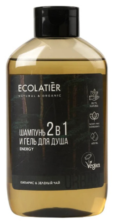 Мужской гель для душа и шампунь 2 в 1 "Кипарис и зеленый чай" Ecolatier, 600 мл