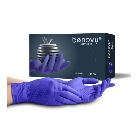 Перчатки нитриловые Benovy Nitrile MultiColor текстурированные, фиолетово-голубые, M (50 пар)